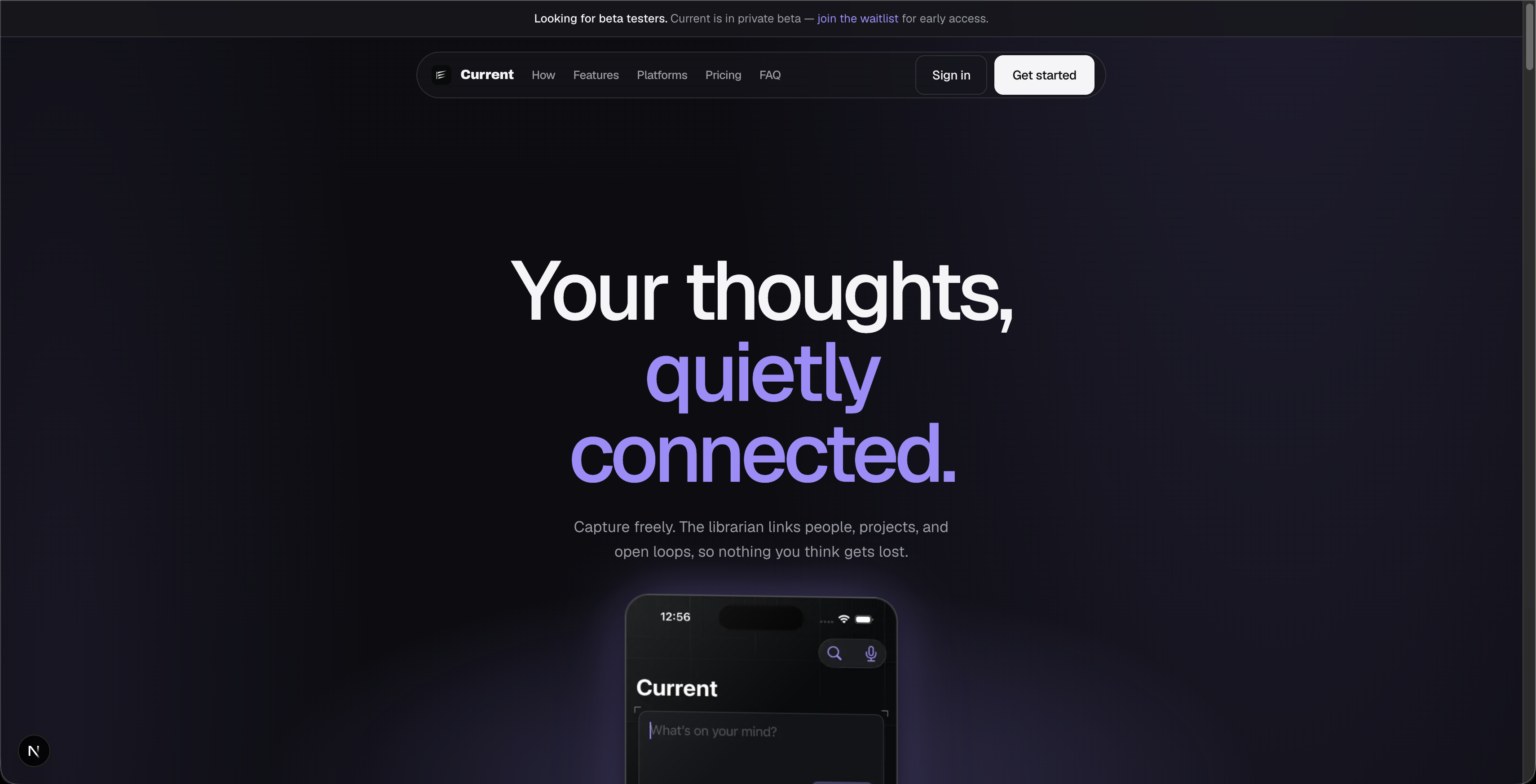 Current app landing page — Your thoughts, quietly connected.